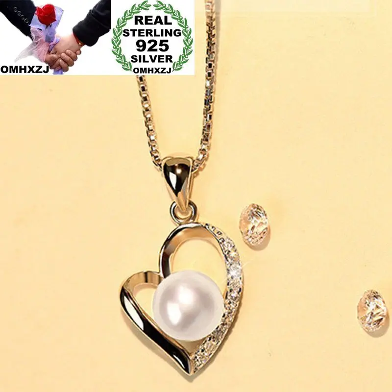 

OMHXZJ Wholesale European Fashion Woman Girl Party Gift Silver White Pearl AAA Zircon 925 Sterling Silver Pendant Necklace NA39