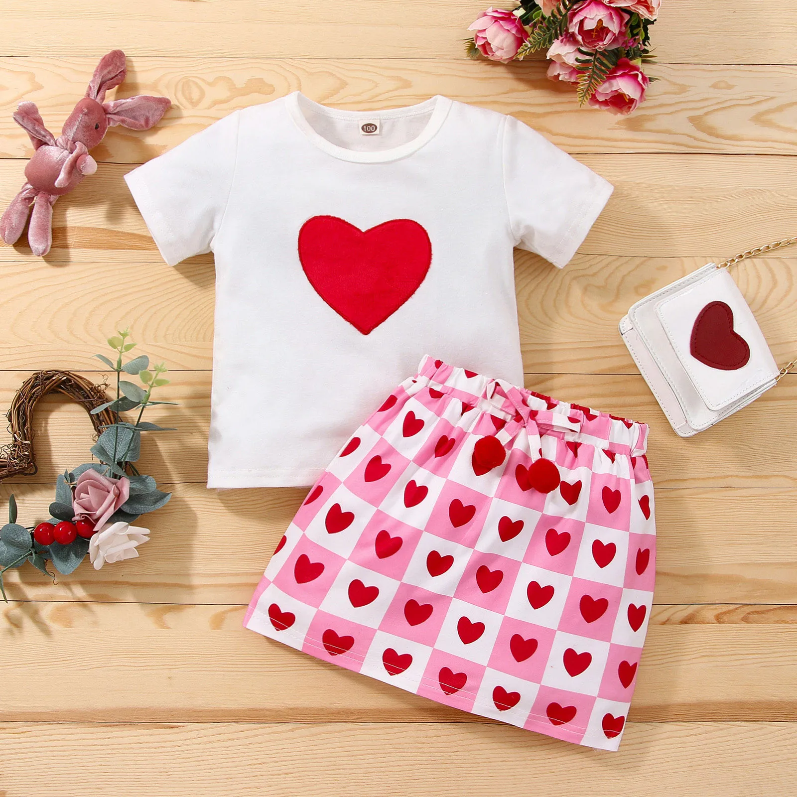 

1-3 Years Toddler Baby Girls Valentine's Day Clothes Set Girls Pink Heart Print Outfits Summer Short Sleeve T Shirts And Skirts