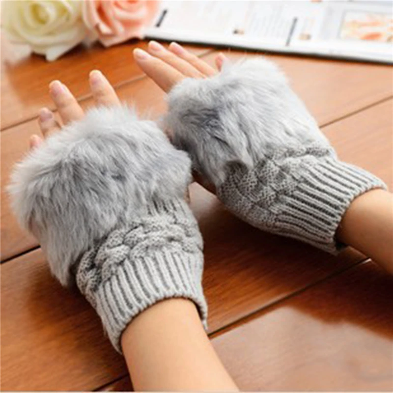 

Winter Women Gloves Plush Faux Fur Knitting Wool Keep Warm Fashion Short Mitten Fingerless Lady Girl Half Finger Glove