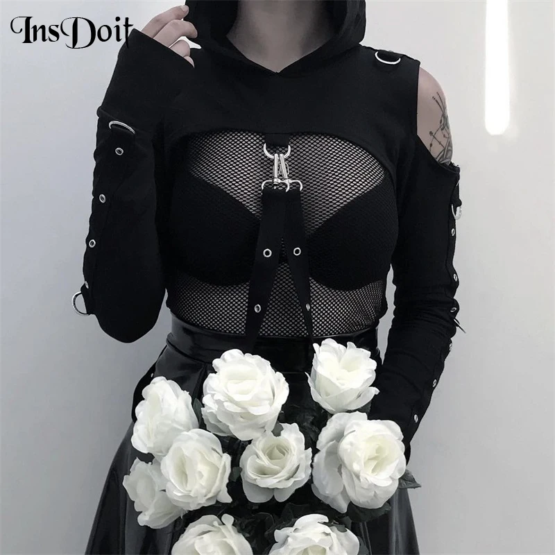 

InsDoit Streetwear Gothic Sexy Hollow Out Black Hoodies Harajuku Punk Long Sleeve Crop Hoodies Women Hip Hop Belt Autumn Hoodies