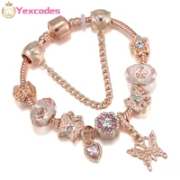 yexcodes new european fine rose gold bracelet women butterfly crystal pendant pink beaded charm lady bracelet