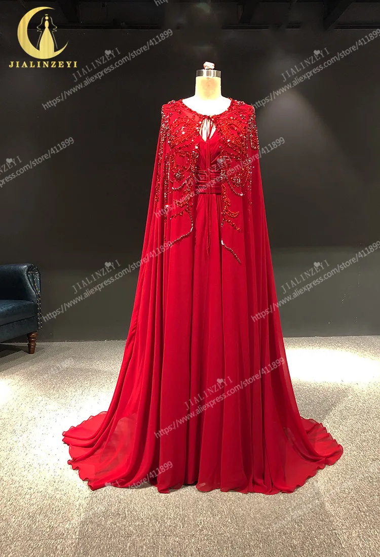 Rhine real Pictures Two Pieces Red Cape with Crystal arabic formal dress evening dresses long