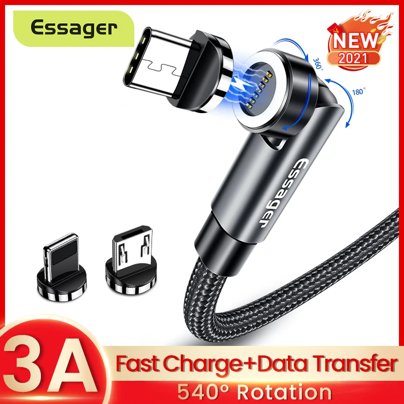 Магнитный кабель Essager с поворотом на 540 градусов 3 А Micro USB Type-C для быстрой зарядки
