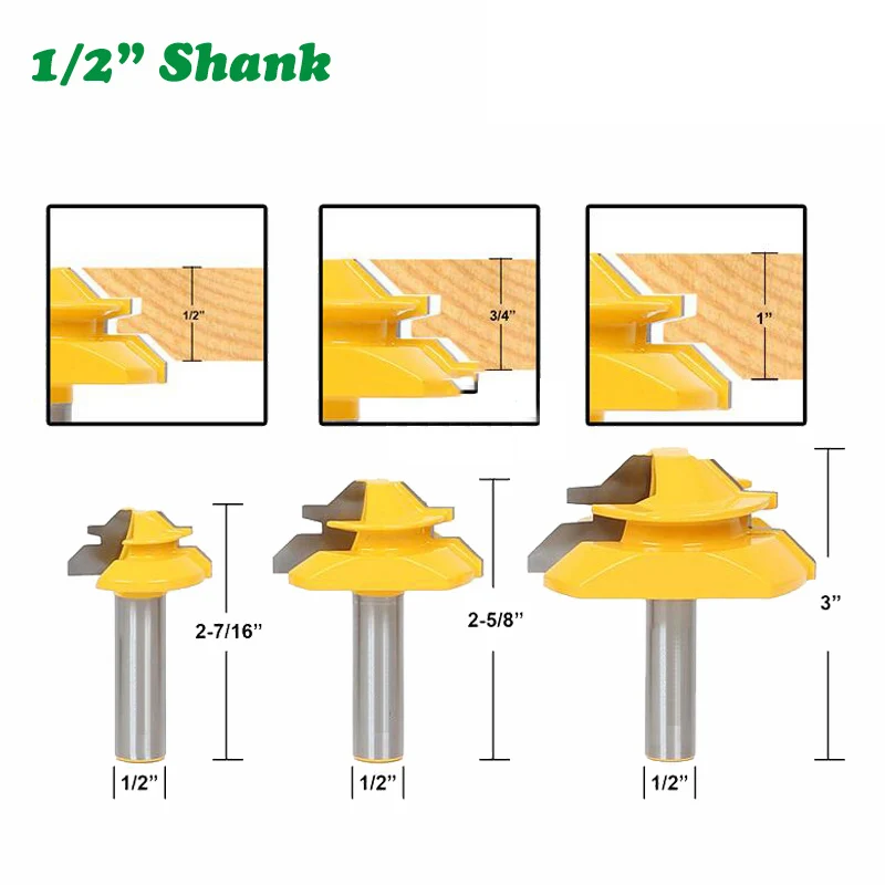 

3PC/Set 1/2" 12.7MM Shank Milling Cutter Wood Carving 45 Degree Lock Miter Bits Glue Joint Set 1/2" 3/4" 1"Stock Woodworking