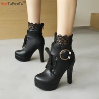 autumn winter women modern ankle boots size 3543 pu leather lolita pumbs patchwork lace crystal belt buckle platform shoes