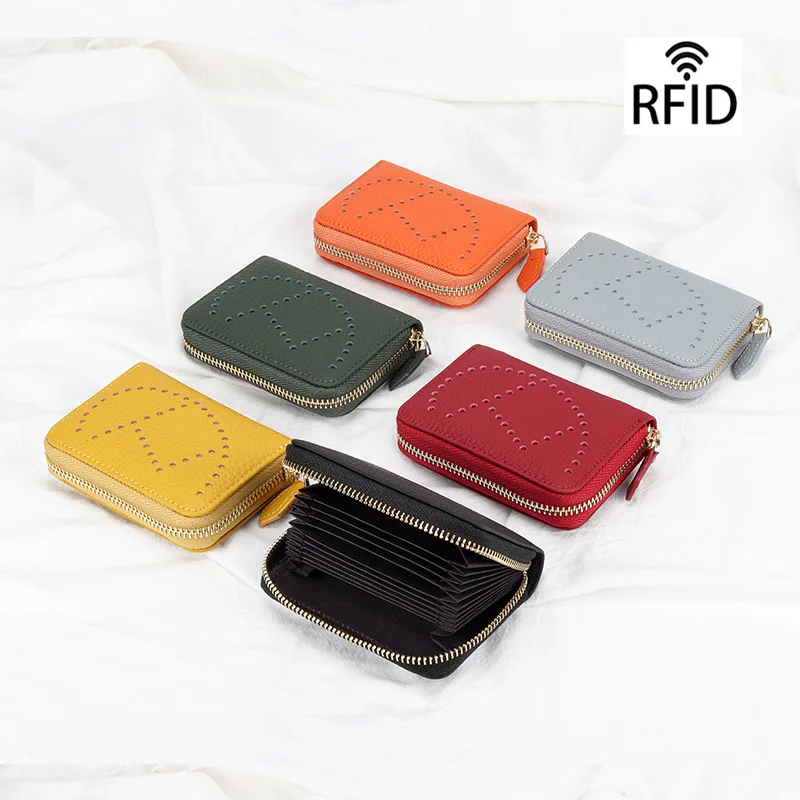 New Style Leather Card Holder Female RFID Anti-Degaussing Card Holder First Layer Cowhide Credit Card Holder Zipper Coin Purse