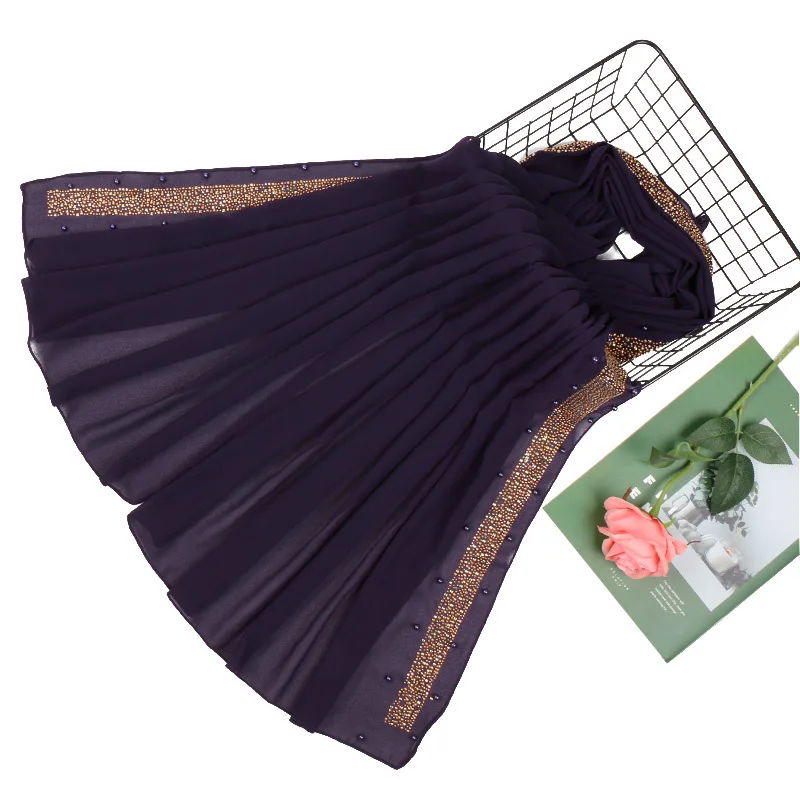 Plain Luxury Diamond Beads Bubble Chiffon Instant Hijab Ladies Stitch Chain Shawls and Wraps Bufandas Muslim Sjaal 180*75Cm
