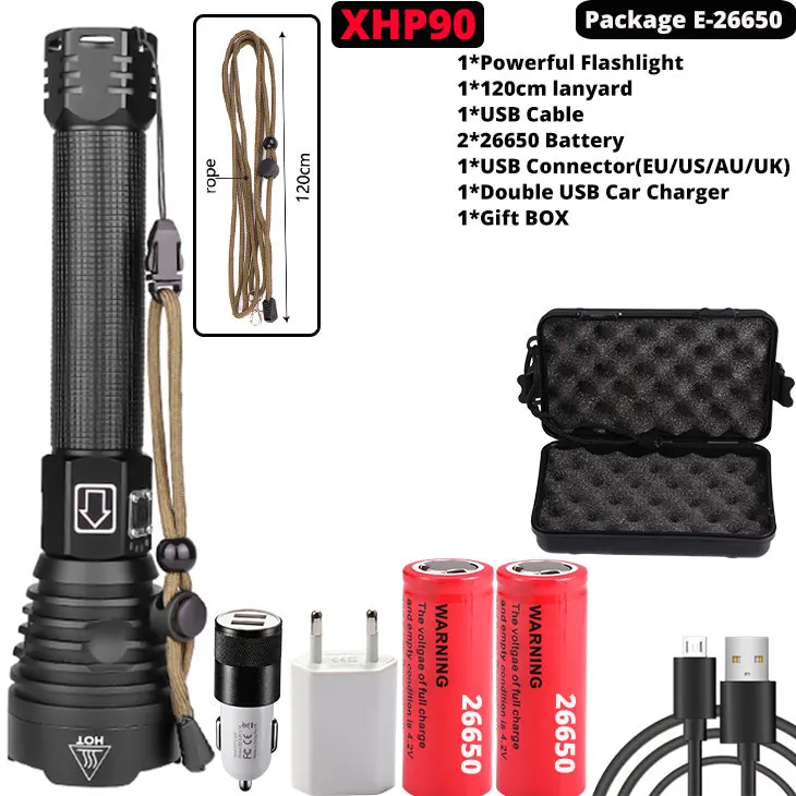 Package E-XHP90 XHP70.2 XHP90 USB Перезаряжаемый светодиодный светильник-вспышка XHP70 мощный фонарь супер водонепроницаемый охотничий светильник с зумом 18650 или 26650 Battey - Испускаемый цвет: Package E-XHP90