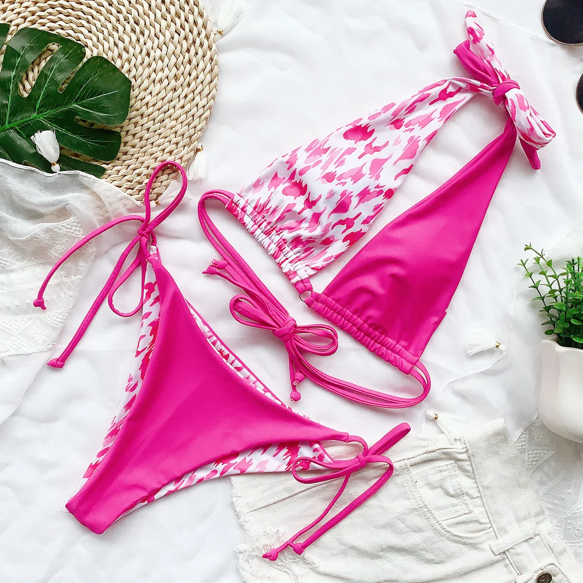 

New Leopard Swimsuit Women Strap Bikini Swimwear Hot Pink Swimsuit for Woman
