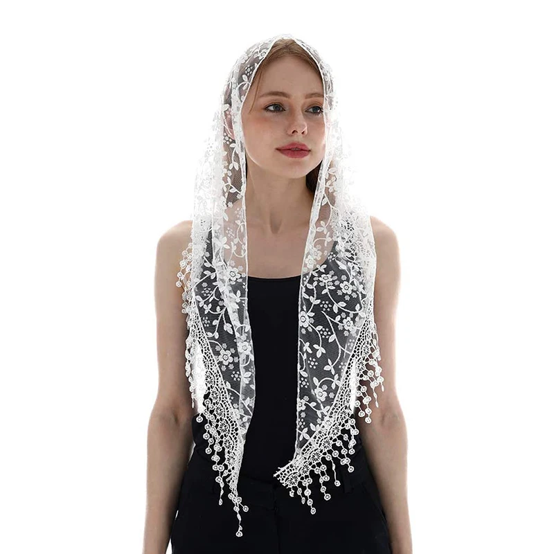 

Women Lace Scarf for Church Tassel Triangle Scarf Sheer Floral Scarves Church Prayer Shawl Spanish Mantilla Lace Bufanda Mujer