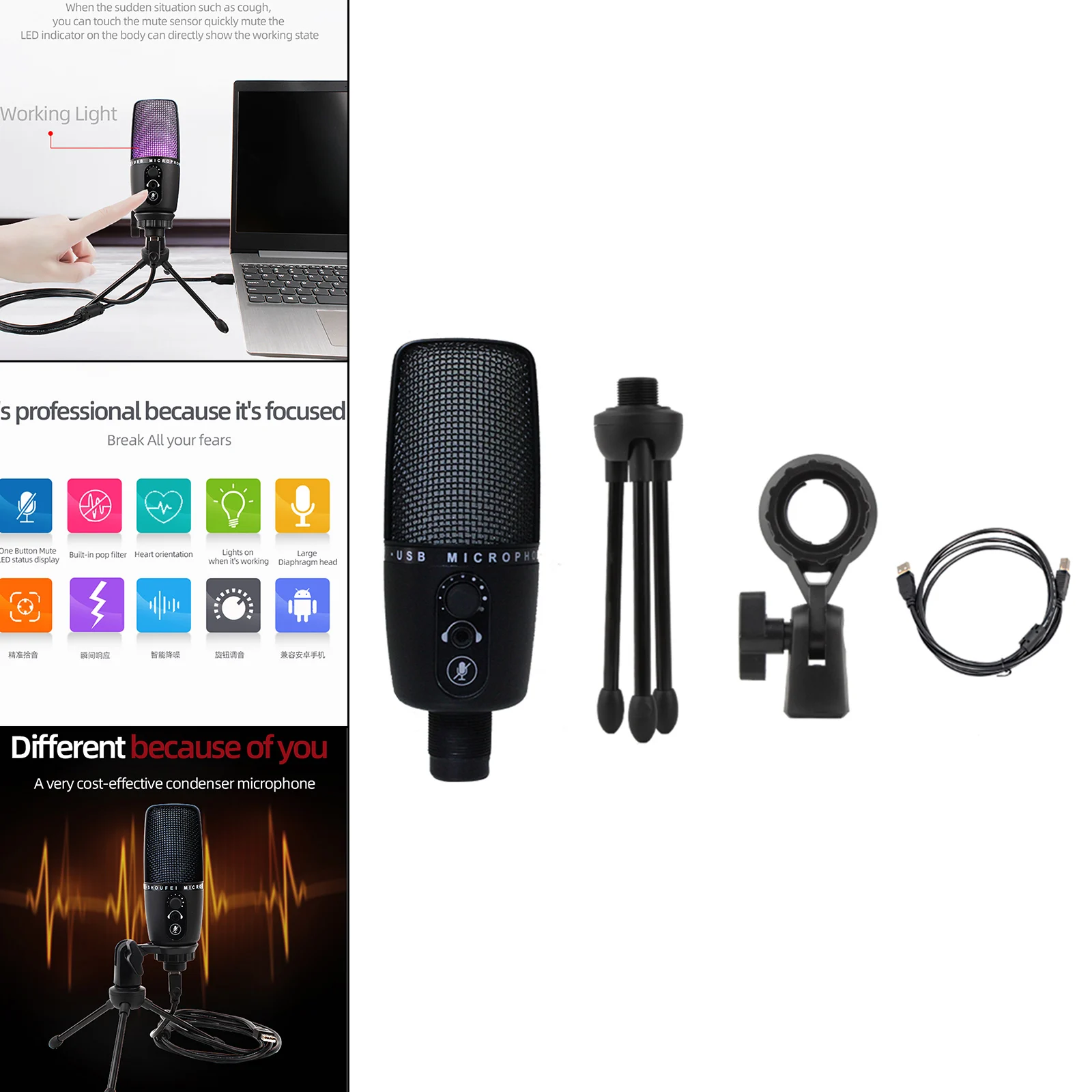 

USB Microphone with Mute Plug and Play Computer Podcast Sound Chipset with Tripod Shock Mount for Studio Gaming Singing Meeting