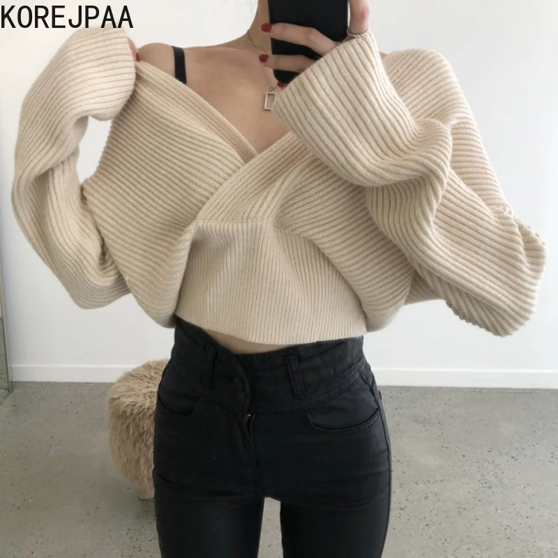 

Korejpaa Vintage Cross V Neck Sweater Women Autumn Winter Korea Style Ladies Long Sleeve Solid Color Knitwear Cropped Pull Femme