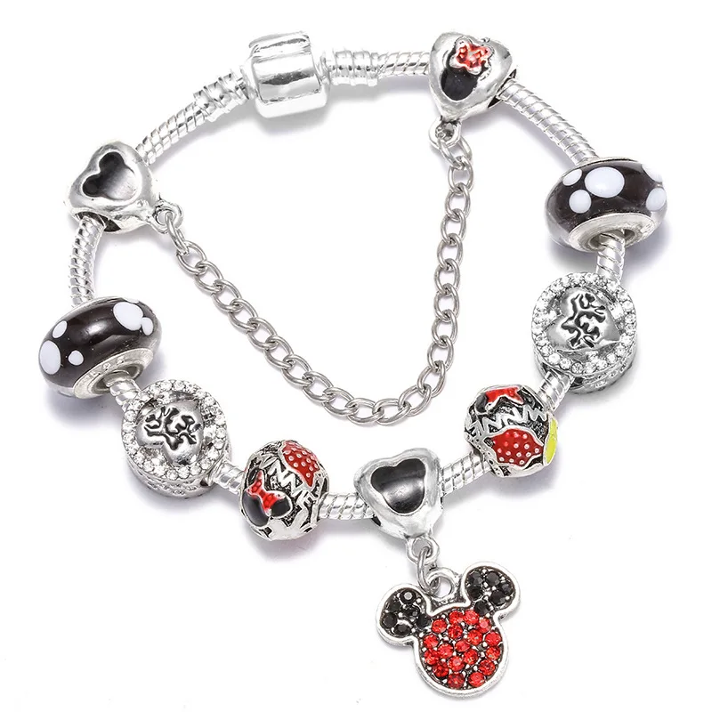 Kawaii Mickey, Круглые Эмалированные Симпатичные Бусины, европейский браслет, любовь, браслеты с изображением единорога, безопасная цепочка, браслеты для женщин, девочек, детей, ювелирные изделия