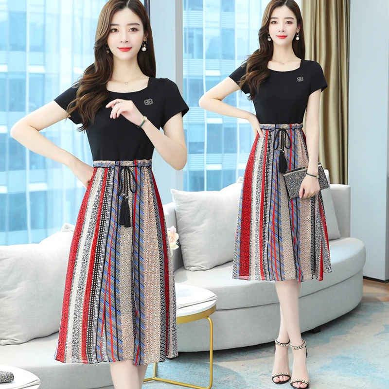 

Summer Vintage Plus Size Office Lady Sundress Elegant Clothes For Women Bodycon Party Vestidos Patchwork Casual Beach Midi Dress