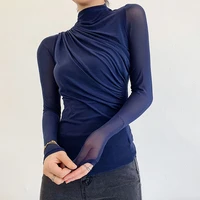 autumn winter 2021 korean fashion lace mesh patchwork long sleeve blue elegant base womens tshirt mock neck folds tops