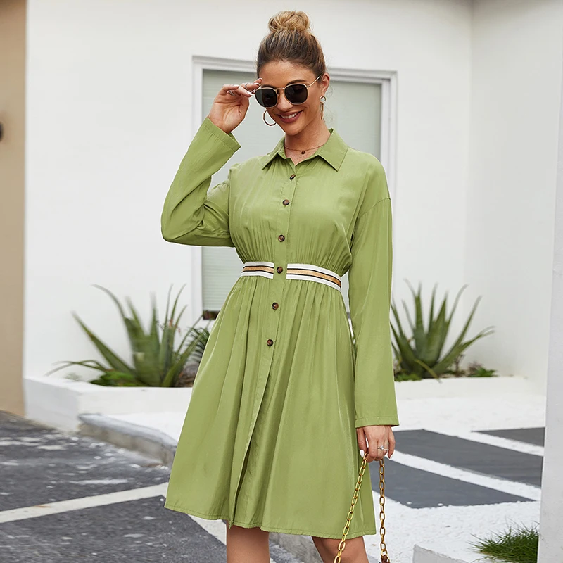 

Women Solid Elastic Waist Button Shirt Dress Casual Turn-down Collar Long Sleeve Midi Summer Dresses Women Clothes 2020