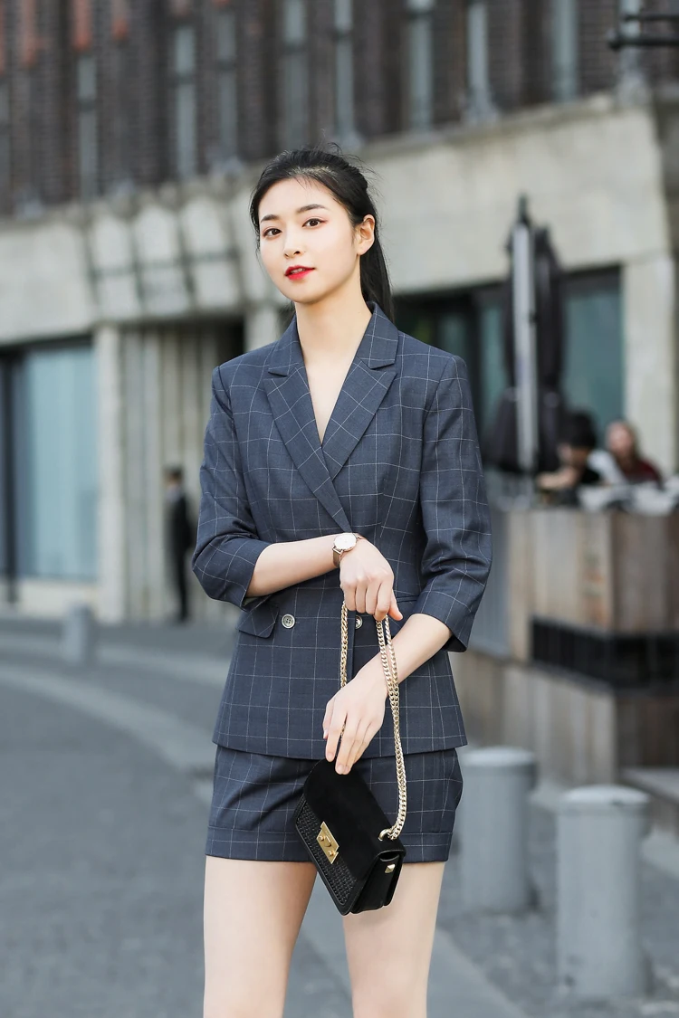 JRHYME Vintage Classic Fit Plaid Blazer Shorts Set Navy Blue Sexy Casual Three Quarter Sleeves Windowpane Check Suits |