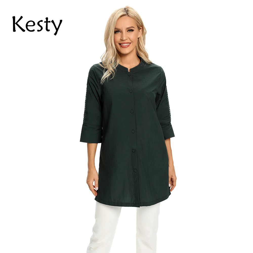 

KESTY Women's Plus Size Windbreaker Mid-Length Round Neck Jacket Spring And Autumn Loose Button Windbreaker
