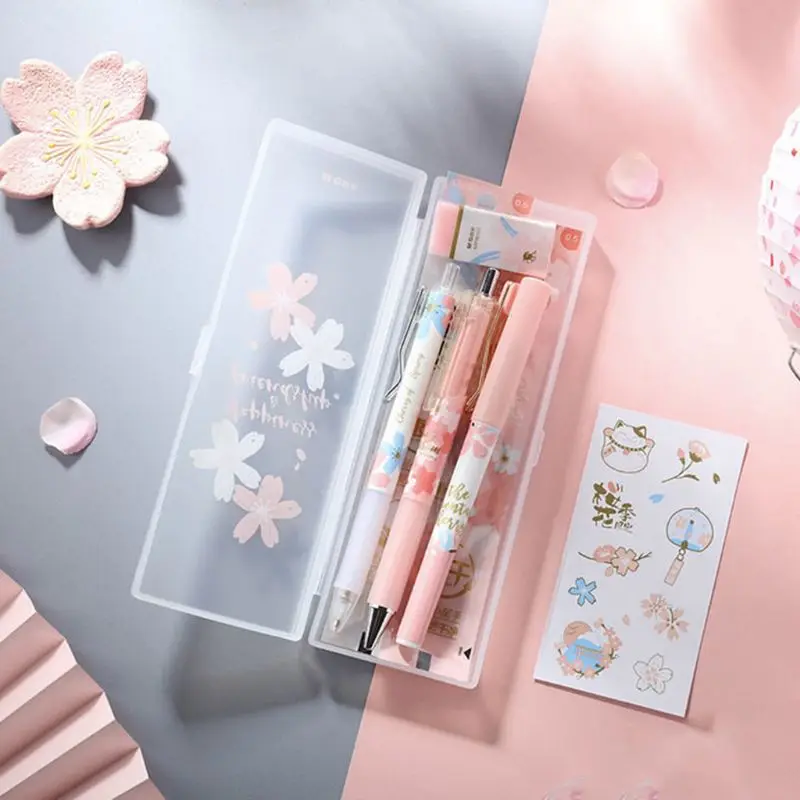 1 Set Cherry Blossoms Ice Gel Pen Eraser Sticker Black Ink 0.5mm Signature Pens R9CB |