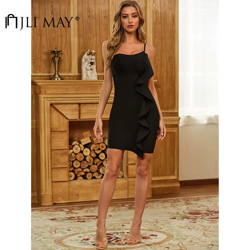 

JLI MAY Women's Mini Dress Solid Strapless One Shoulder Strap Sleeveless Patchwork Ruffle Empire Party Sexy Slim Dresses