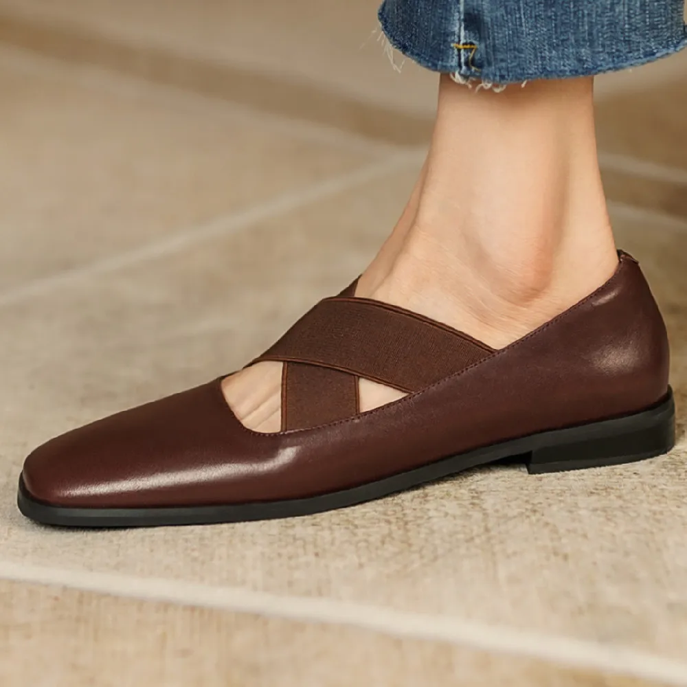

Women's genuine leather elastic band cross strap slip-on flats single shoes square toe female soft comfortable casual daily shoe