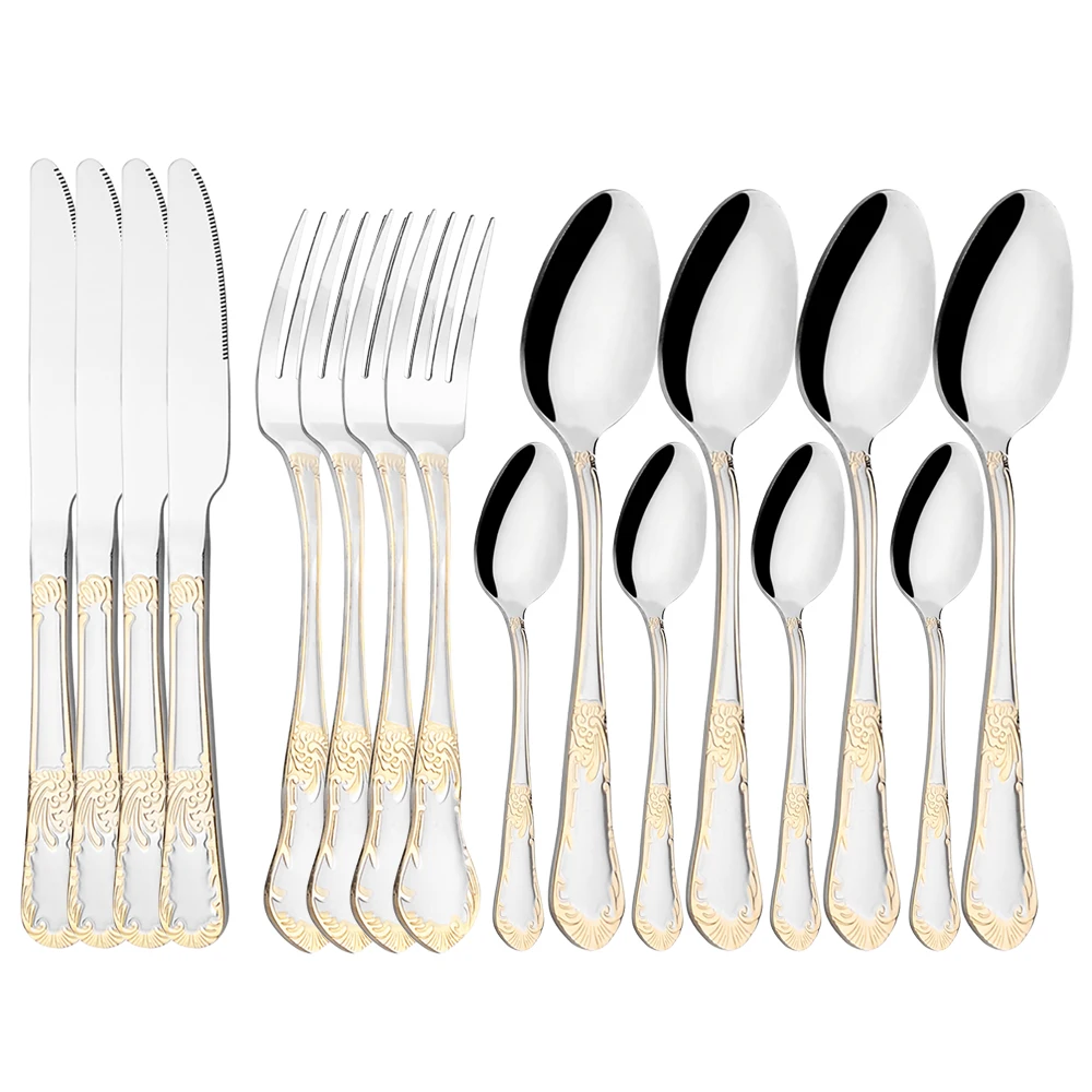 

16/4pcs New Silver Flatwre Luxury 304 Stainless Steel Dinnerware Set Mirror Polishing Tableware Set Dinner Knife Fork Spoon Set