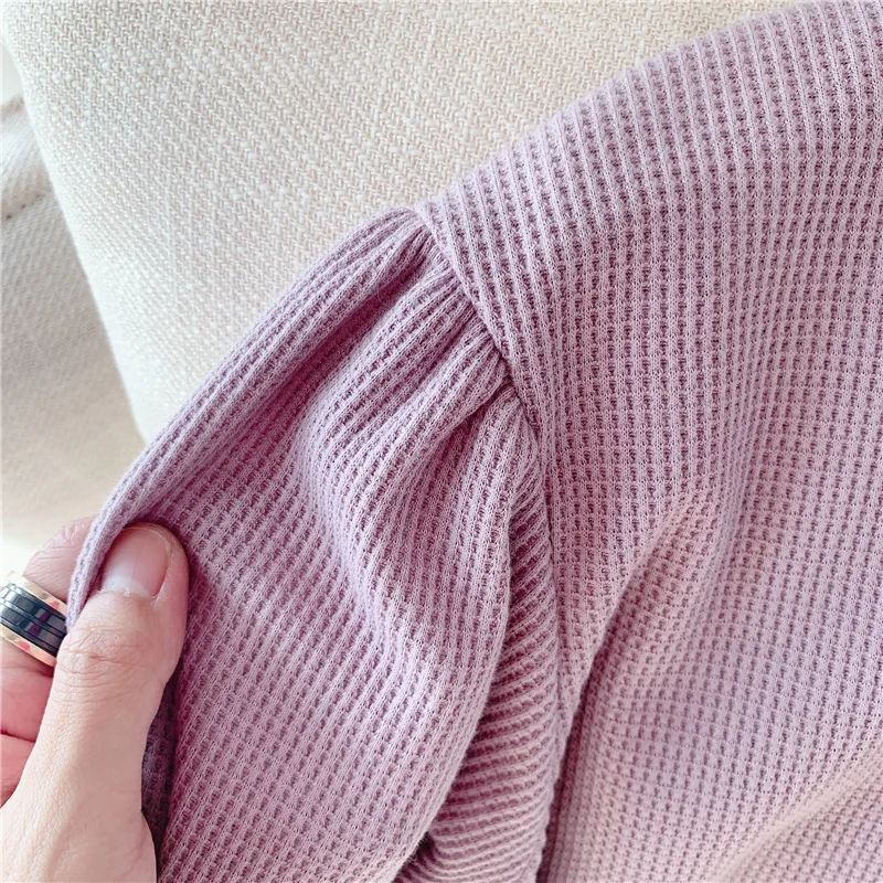 

Spring Autumn girls solid color puff sleeve sweatshirts cotton kids loose long sleeve pullovers