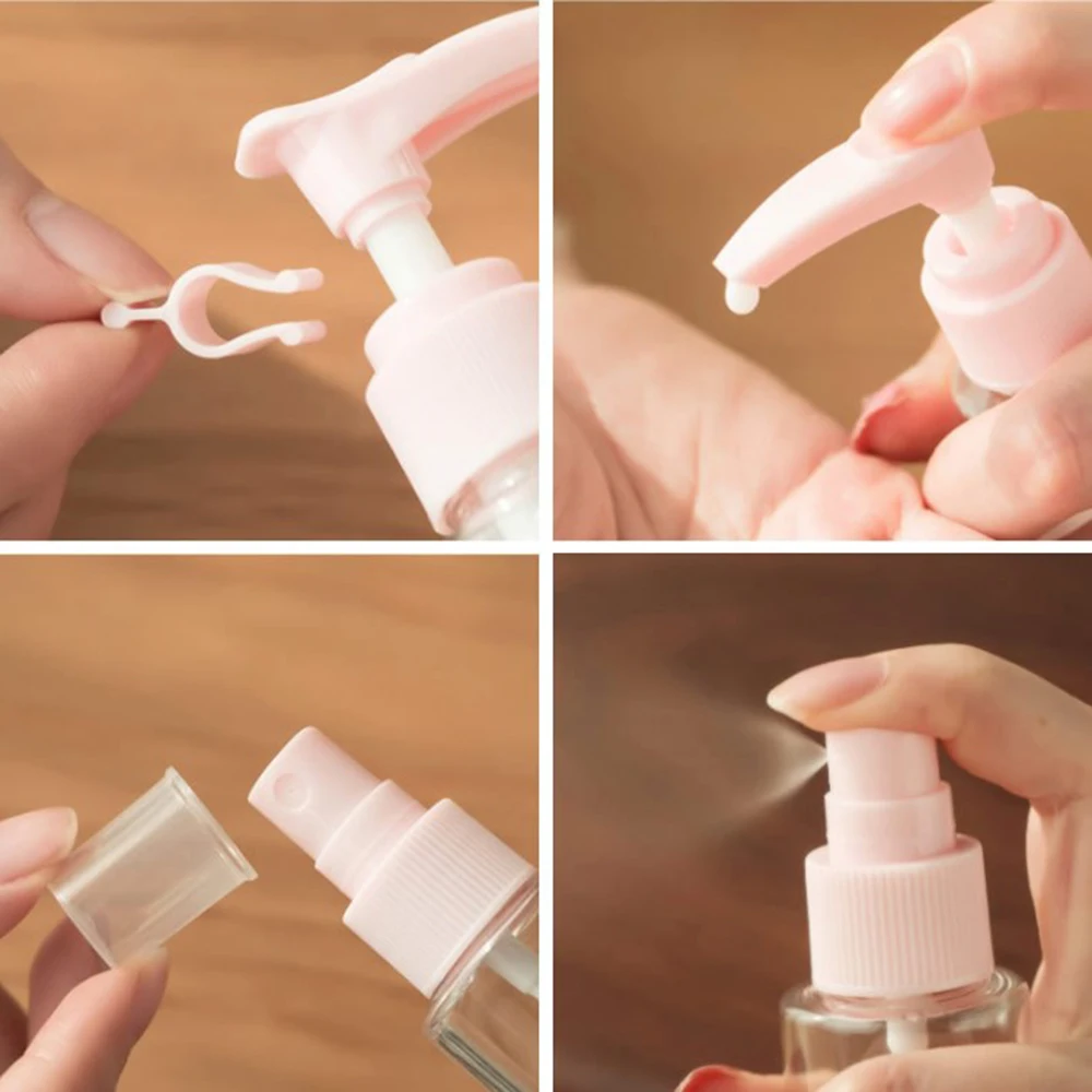 

9 pcs/Set Pink Portable Travel Press Spray Bottle Recyclable PET Small Spout Separate Bottle Cosmetics Empty Contact Lens Case