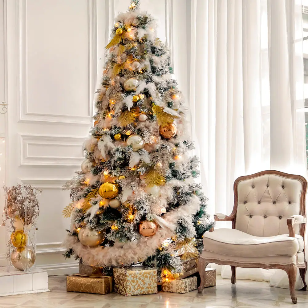 

7.5ft Snow Flocked Hinged Artificial Pine Christmas Tree Holiday Decor with Solid Metal Stand Xmas Full Tree for Indoor Outdoor