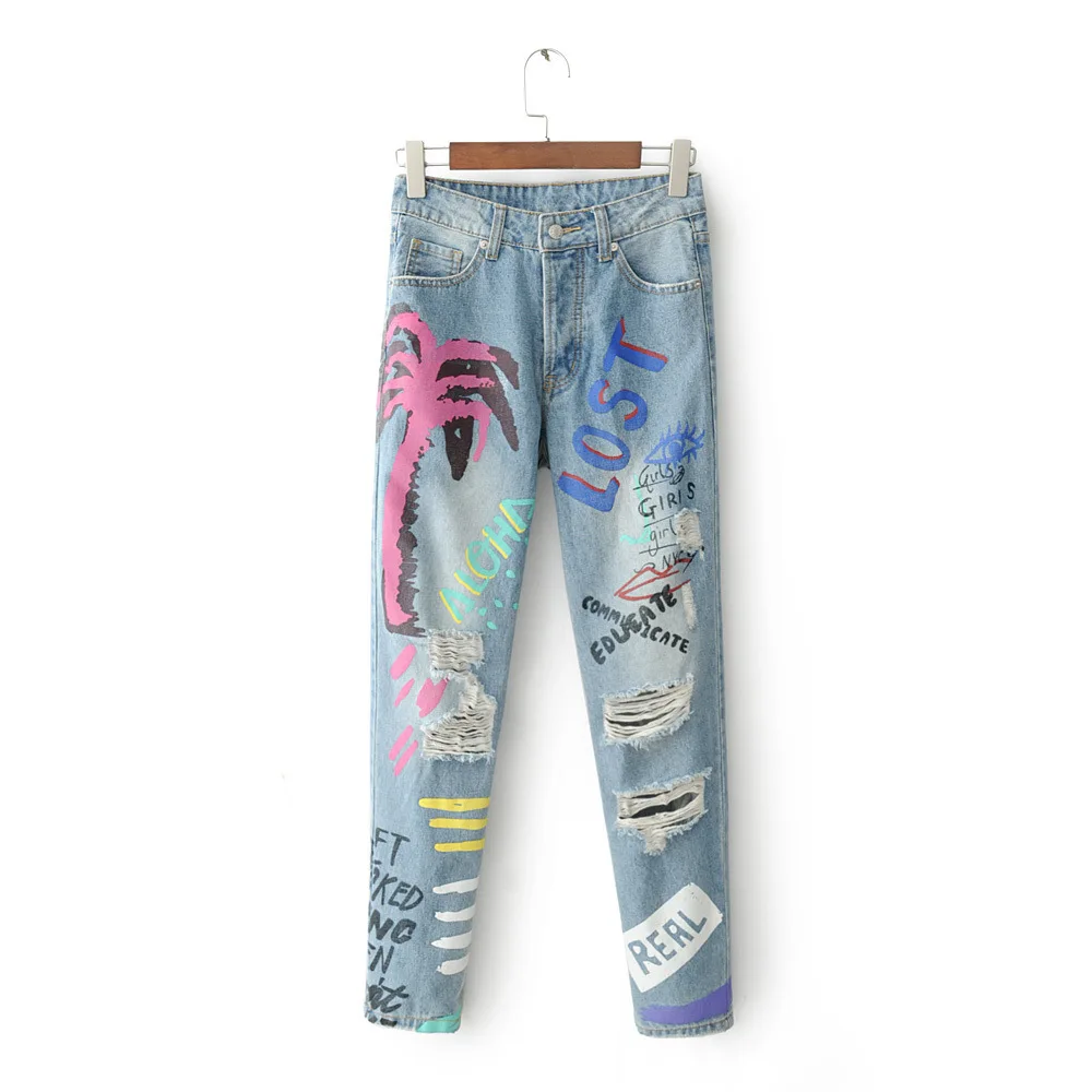 Женские джинсы в стиле хип-хоп с рисунком пальмы |