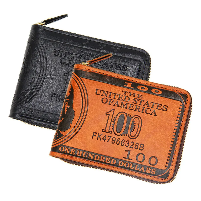 

US Dollar Bill Short Leather Wallet Brown Bifold Hasp Credit Card Photo Holder Coin Purses High Quality Men Wallets Billetera