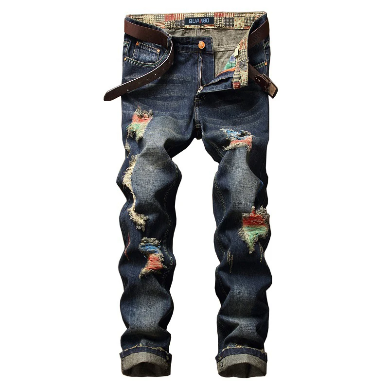 

2022 Street Ripped Straight Jeans Four Season High Quality Distressed Denim Trousers Young Hole Design Pants For Male Plus Size