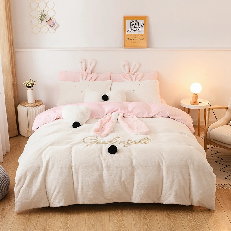

Cute Rabbit Ear Blue Pink White Yellow Velvet Fleece Winter Girl Bedding Set Soft Short Plush Duvet Cover Pillowcases Bed Sheet