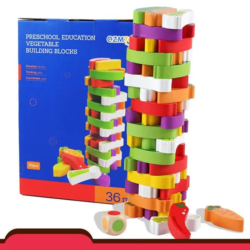 

Stacking Building Blocks Balance Toy for Kids Unique Vegetable and Colours Design Wooden Tumble Tower Games for Children