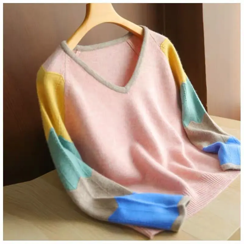 

Women 2021 Autumn Winter Fashion Solid Color Cashmere Tops Female V-neck Knit Sweater Tops Ladies Slim Wool Pullover Tops Q463