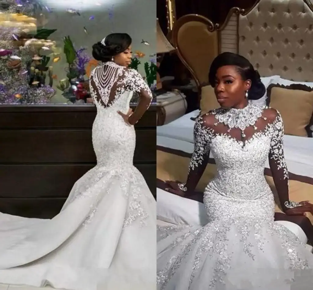 

Saudi Arabic Pearls Crystal Wedding Dresses Plus Size Nigerian Lace Styles High Neck Long Sleeve Applique Beaded Mermaid Bridal