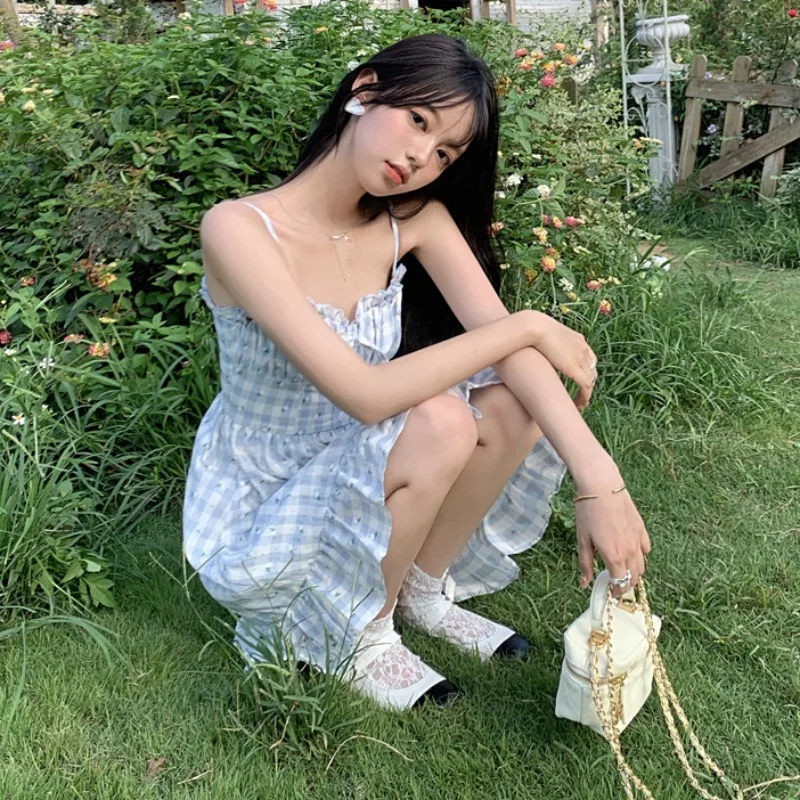 

Маленькая литературная свежая Женская юбка сарафан в клетку женское летнее тонкое облегающее платье в Корейском стиле