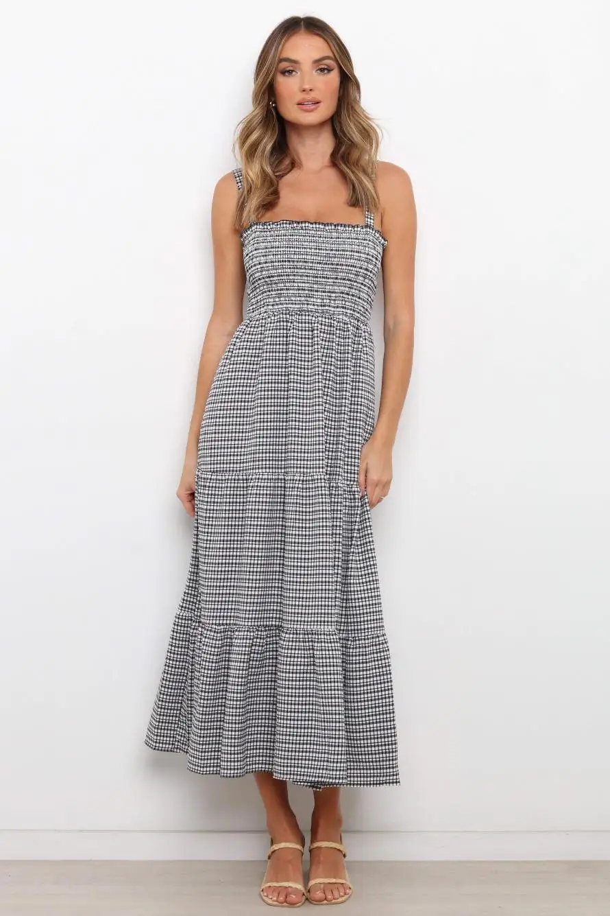 

GRUIICEEN Summer Vintage Lattice Women Dress Straps Backless Long Dresses For Women Elegant Slash Neck Elastic Dress