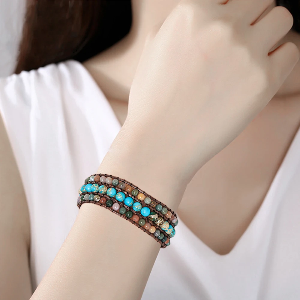 

Vintage 3 Rows Wrap Bracelets Bangles Indian Agates Imperial Jaspers Cuff Bracelet for Women Jewelry Gift Sunflower Clasp