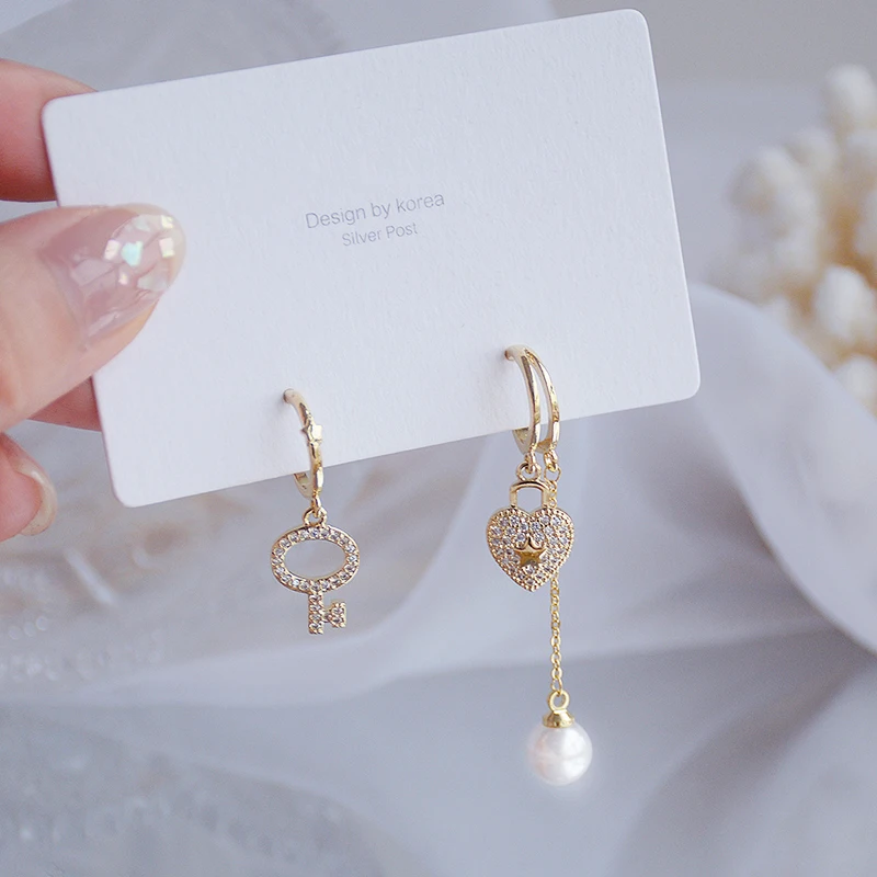 

Trendy Elegant 14K Real Gold Plated Heart-shaped Key Lock Earrings for Women Top AAA Shiny Zircon S925 Silver Needle Party Gift