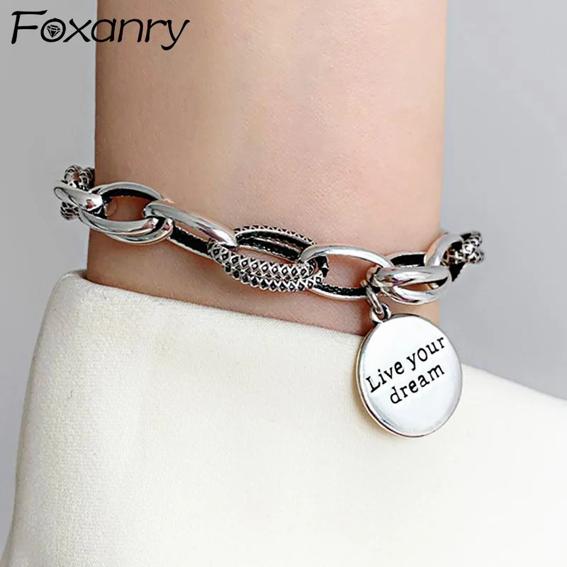 Foxanry-pulsera de plata de ley 925 para mujer, cadena gruesa con abalorio, letra inglesa Vintage,