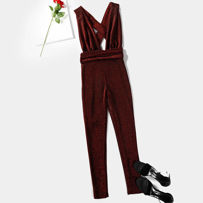 

Sexy Deep V Neck Sleeveless Jumpsuit for Women Glitter Hollow Out Party Playsuit Female Bodycon Solid Jumpsuits Female Club Suit