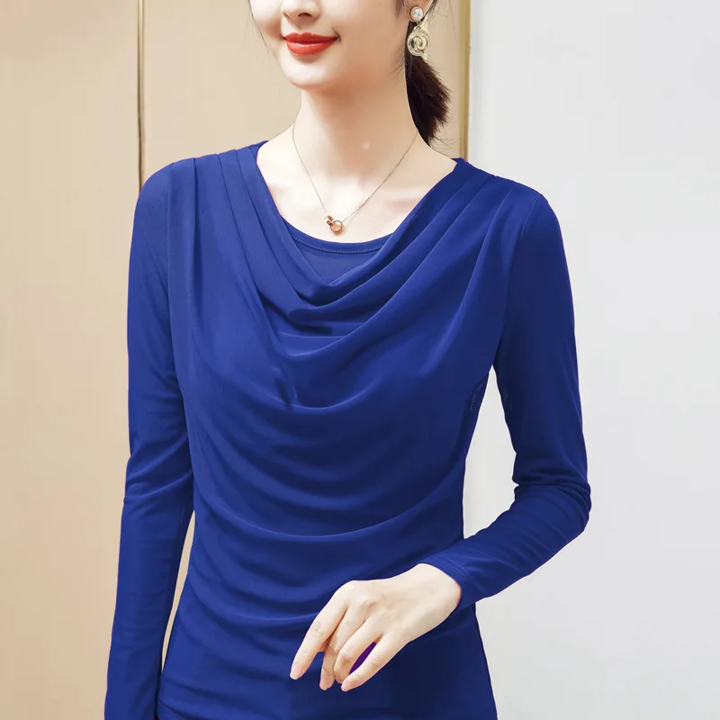 

M-5XL Fall Gauze Collar Bottoming Shirt Long Sleeve For Women Cover Belly Thin Solid Color Pleated Top Female Blouses Femme