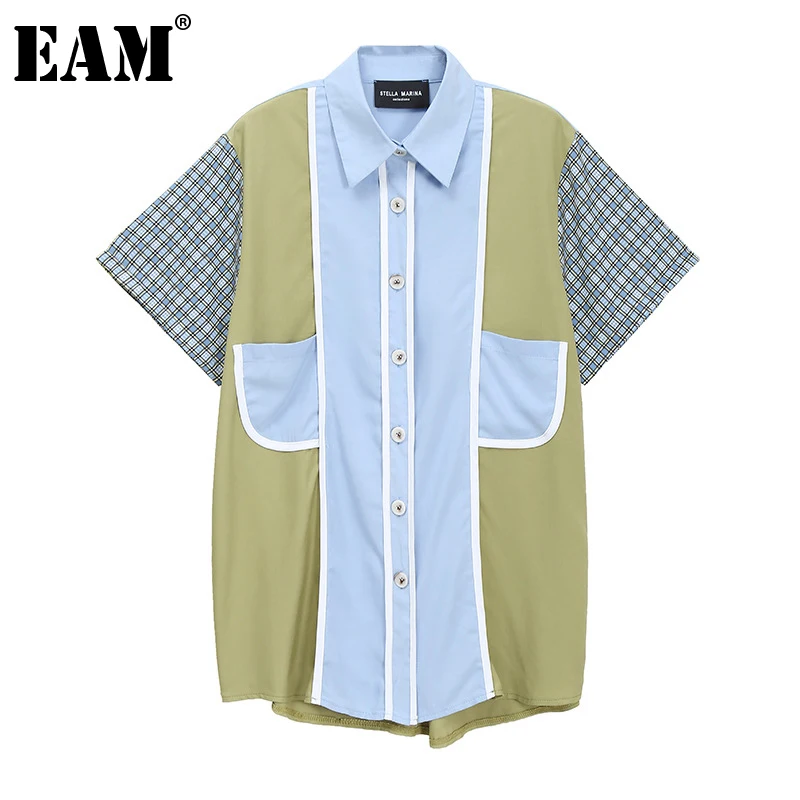 

[EAM] Women Green Plaid Contrast Color Big Size Blouse New Lapel Short Sleeve Loose Fit Shirt Fashion Spring Summer 2022 1DD8942