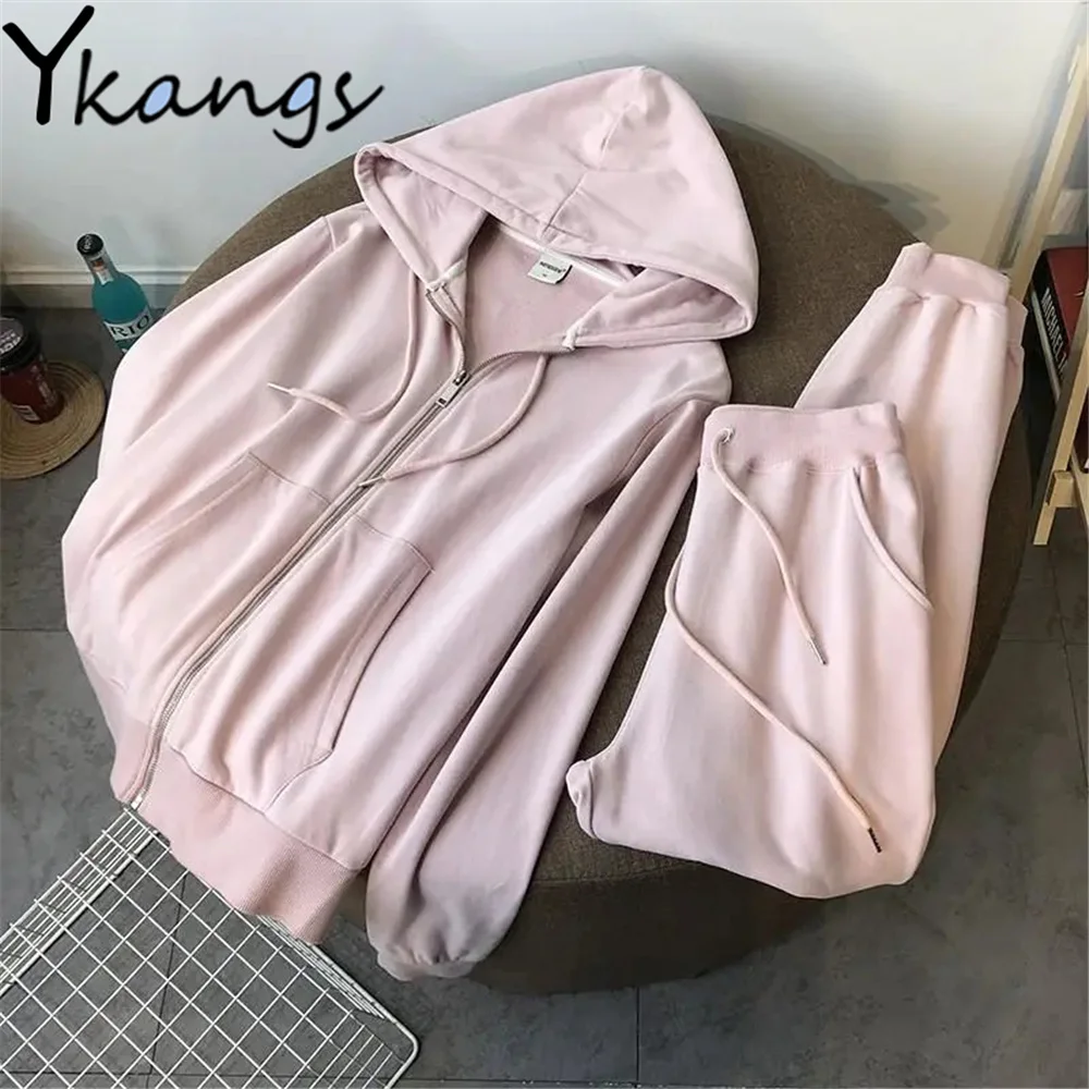 

Elegant Women'S Pink Sportswear Simple Design Zipper Cardigan+Elastic Waist Loose Trousers Spring Autumn Harajuku Two-Piece Suit