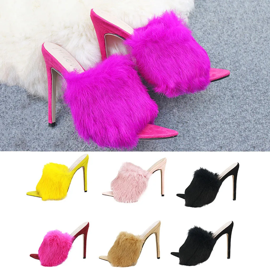 Женские туфли на высоком каблуке пикантные сандалии с кроличьим мехом открытым