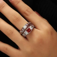 luxury solid silver color filled rings for women wedding red hollow out jewelry valentines day gift