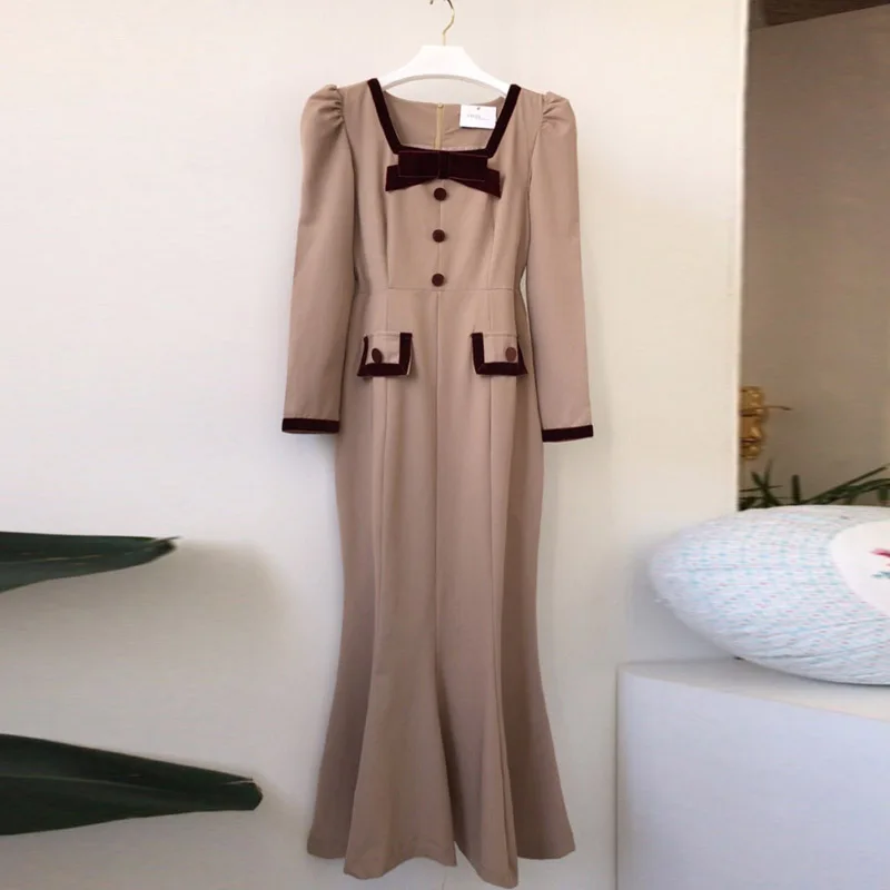 

Elegant Square Collar Bow Panelled Dress Slim Woman Slim Fit Puff Sleeve Dresses One Piece Chic Exquisite Button Trumpet Dress