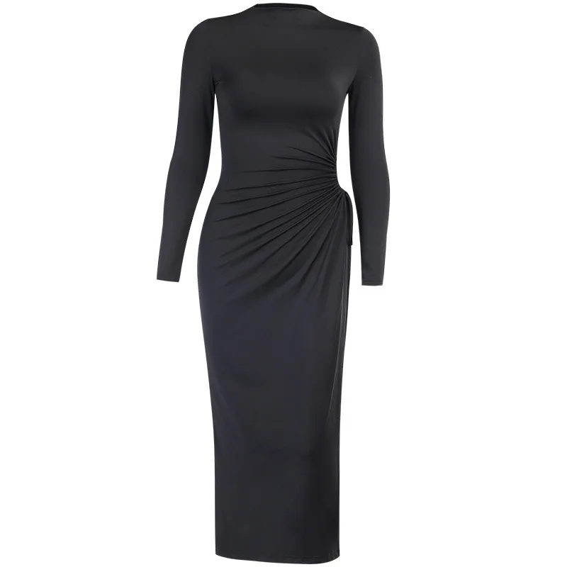 

2021 Summer Women Sexy Elegant Dress Long Sleeve Turtleneck High Split Maxi Dress Solid Hollow Bandage Bodycon Club Sexy Dresse