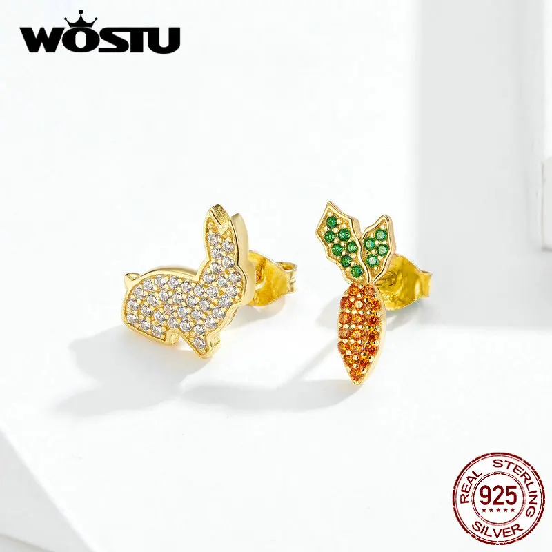WOSTU Fashion 925 Sterling Silver Rabbit& Carrot Stud Earrings Zircon Gold Wedding Earrings For Women Wedding Jewelry CQE249-B